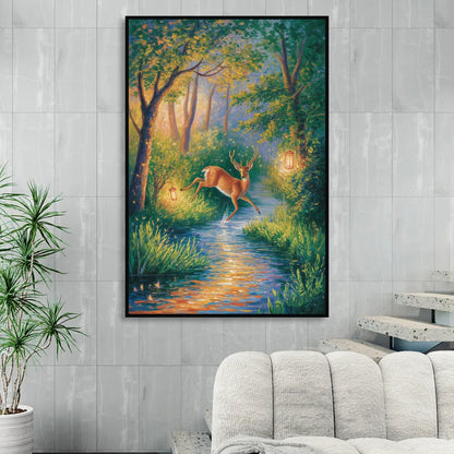 Deer Crossing the Stream Sitting Room - Black Canvas Wall Art