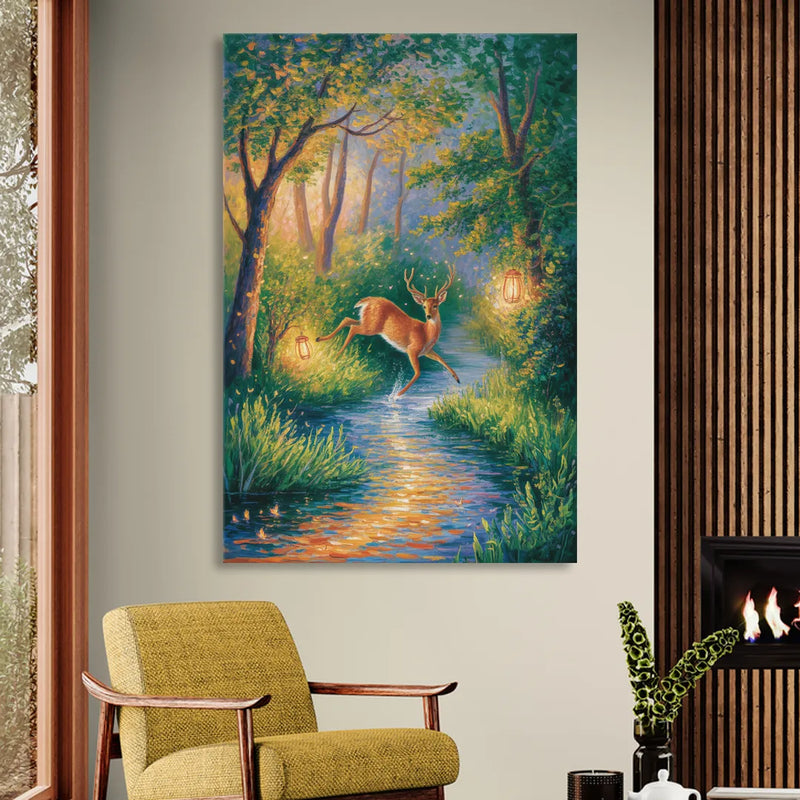 Deer Crossing the Stream Sitting Room - Canvas Wall Art