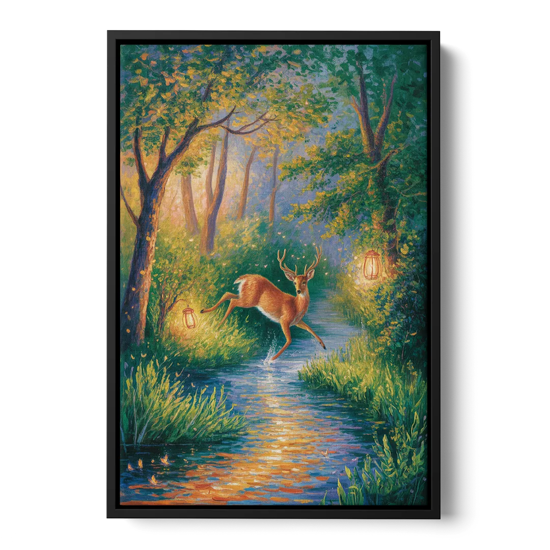Deer Crossing the Stream Front - Black Canvas Wall Art