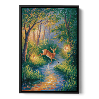 Deer Crossing the Stream Front - Black Canvas Wall Art