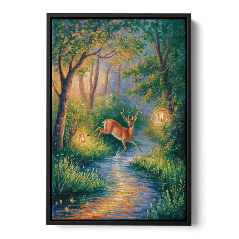 Deer Crossing the Stream Front - Black Canvas Wall Art