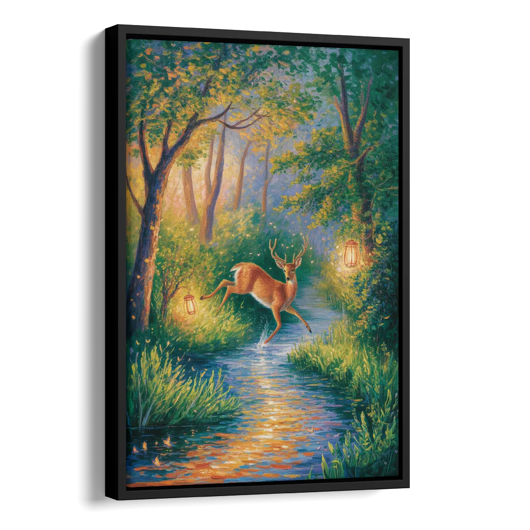 Deer Crossing the Stream Side - Black Canvas Wall Art