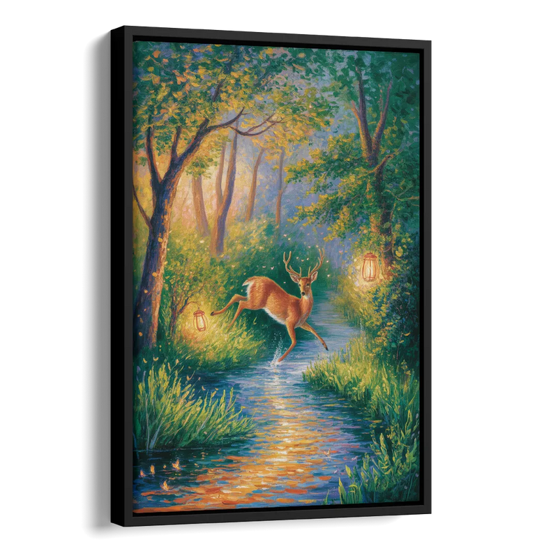 Deer Crossing the Stream Side - Black Canvas Wall Art