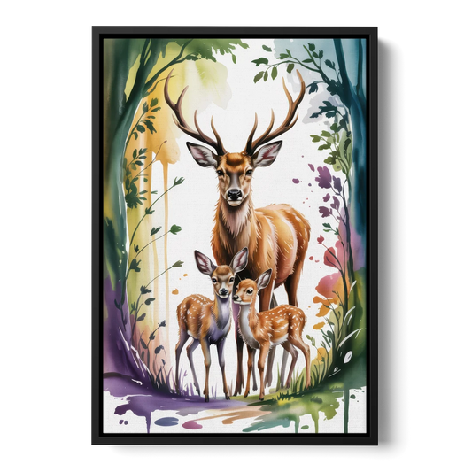 Deer Family Portrait - Black Framed Canvas Wall Art - Front