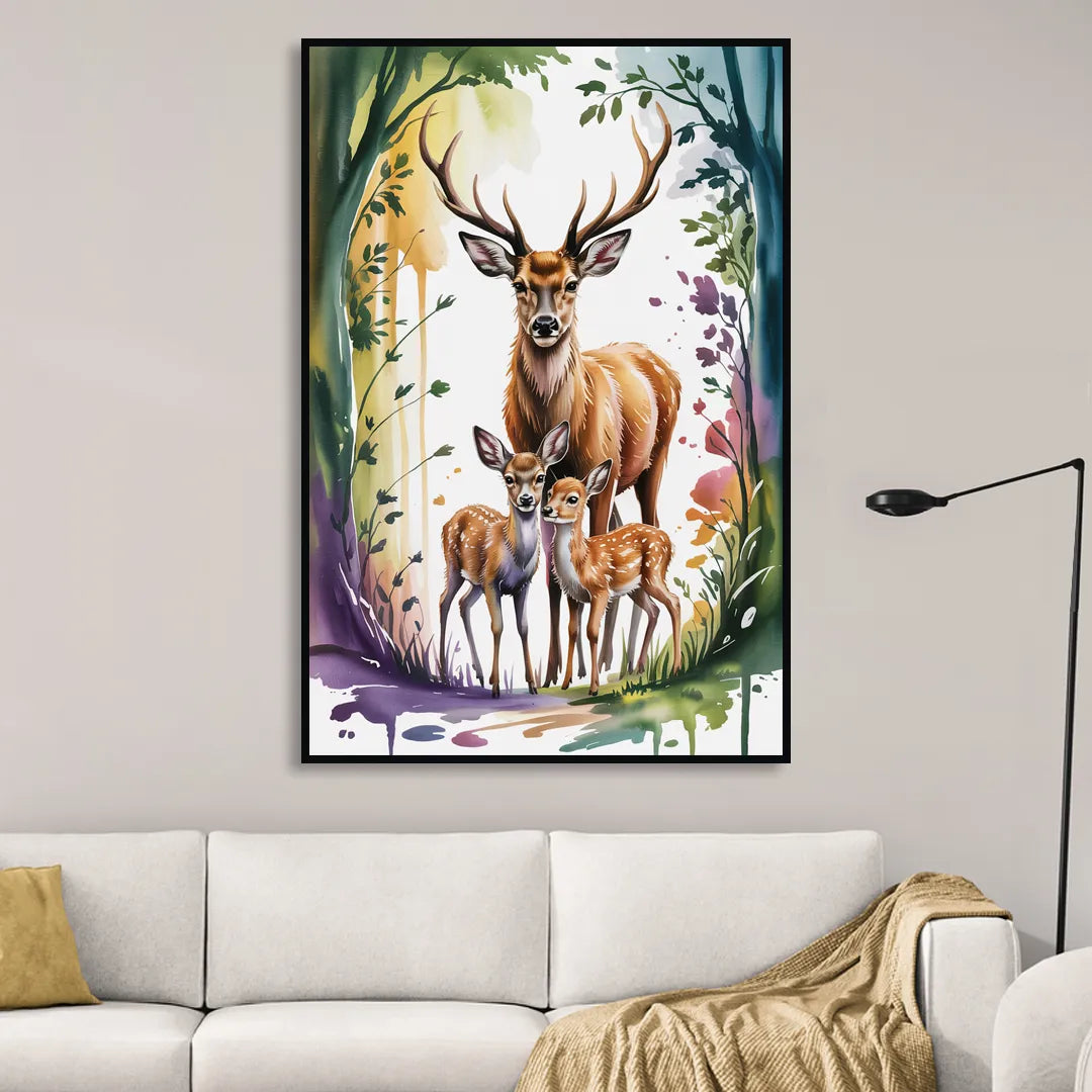Deer Family Portrait Sitting Room - Black Canvas Wall Art