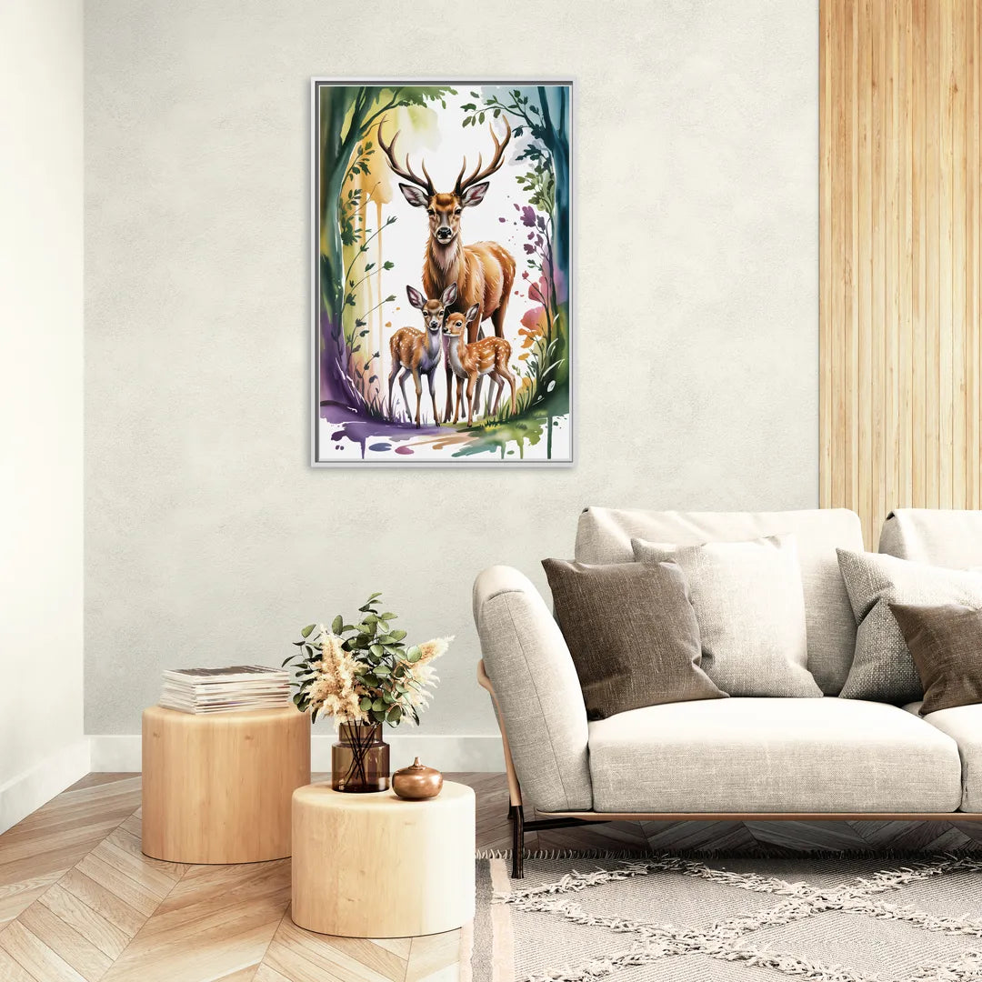 Deer Family Portrait - Living Room White Frame Canvas