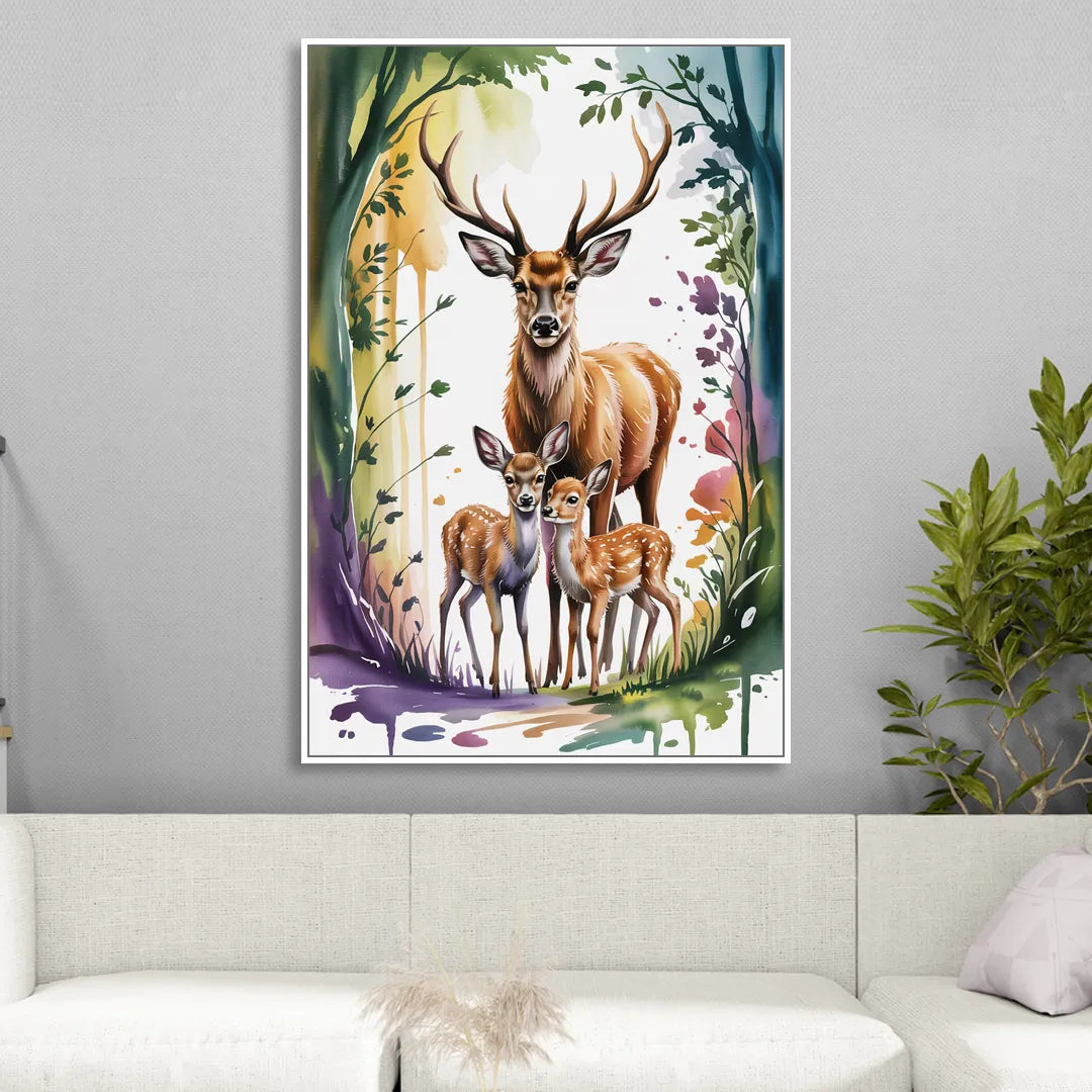 Deer Family Portrait Living Room - White Canvas Wall Art