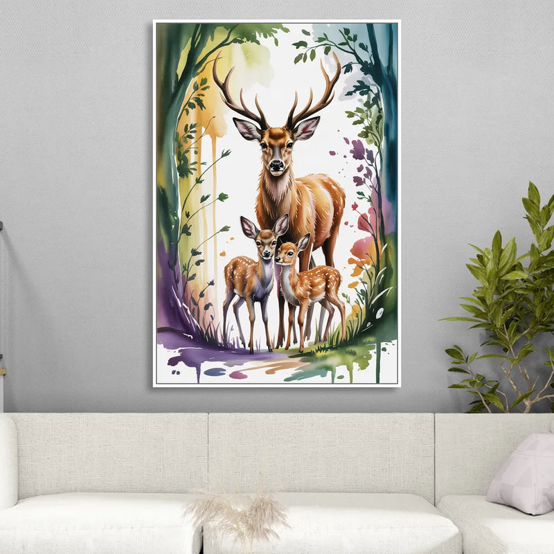 Deer Family Portrait Living Room - White Canvas Wall Art