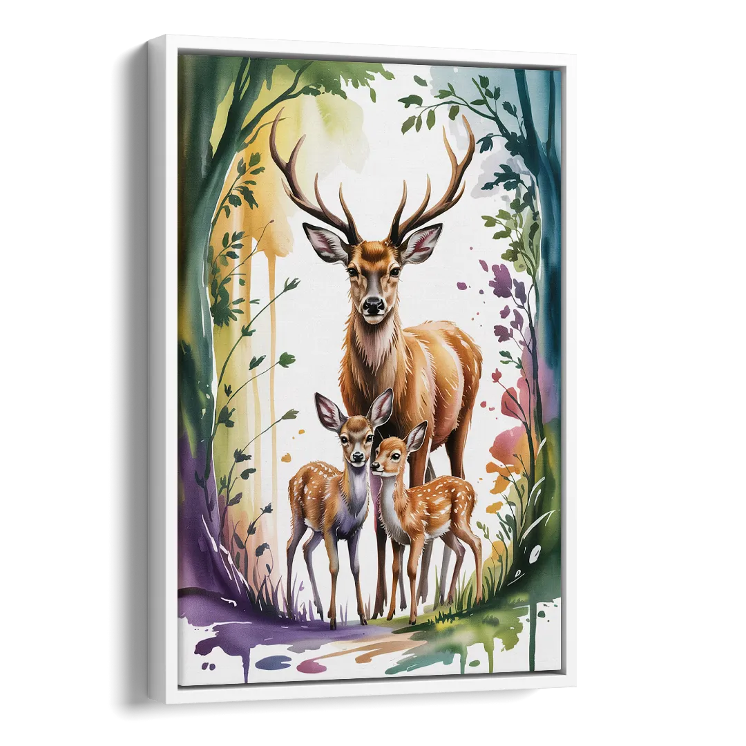Deer Family Portrait Side - White Canvas Wall Art