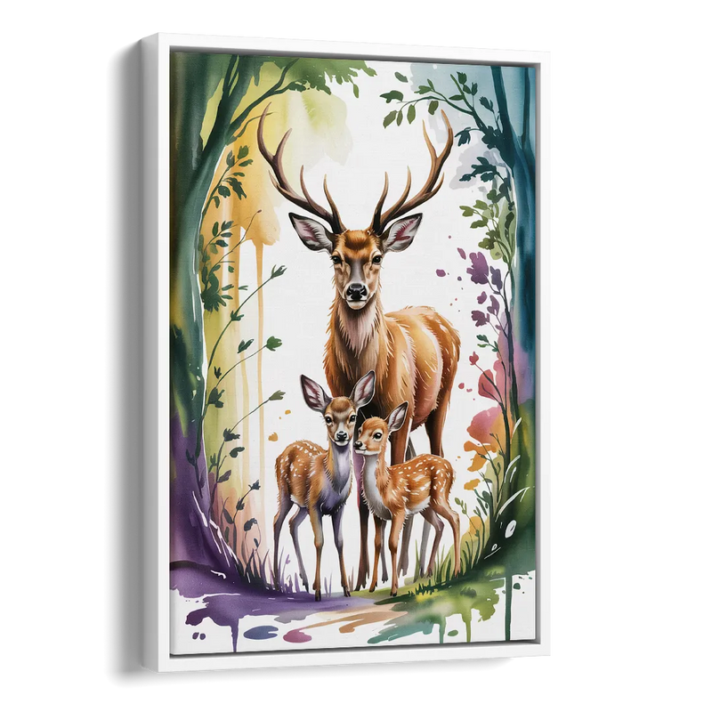 Deer Family Portrait Side - White Canvas Wall Art