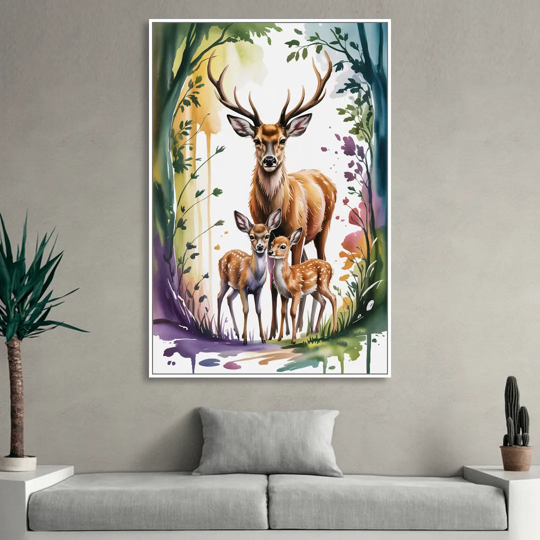 Deer Family Portrait Sitting Room - White Canvas Wall Art