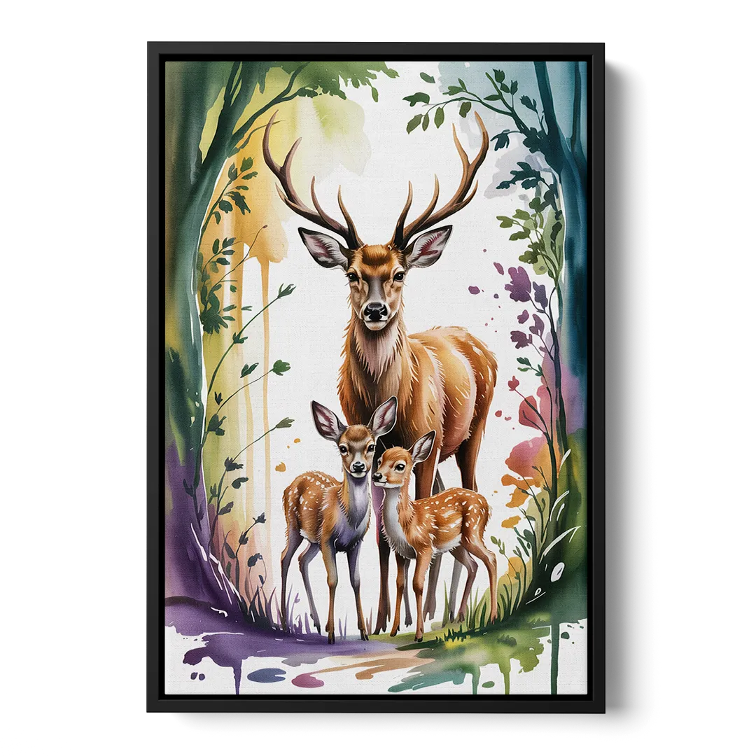 Deer Family Portrait Front - Black Canvas Wall Art
