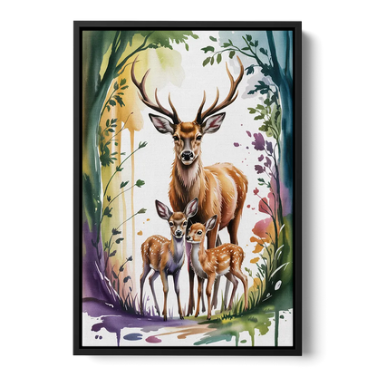 Deer Family Portrait Front - Black Canvas Wall Art
