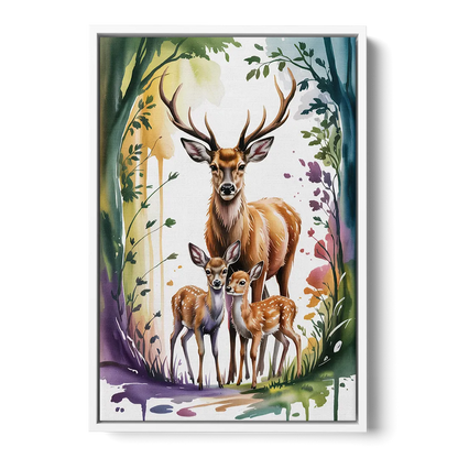 Deer Family Portrait Front - White Canvas Wall Art