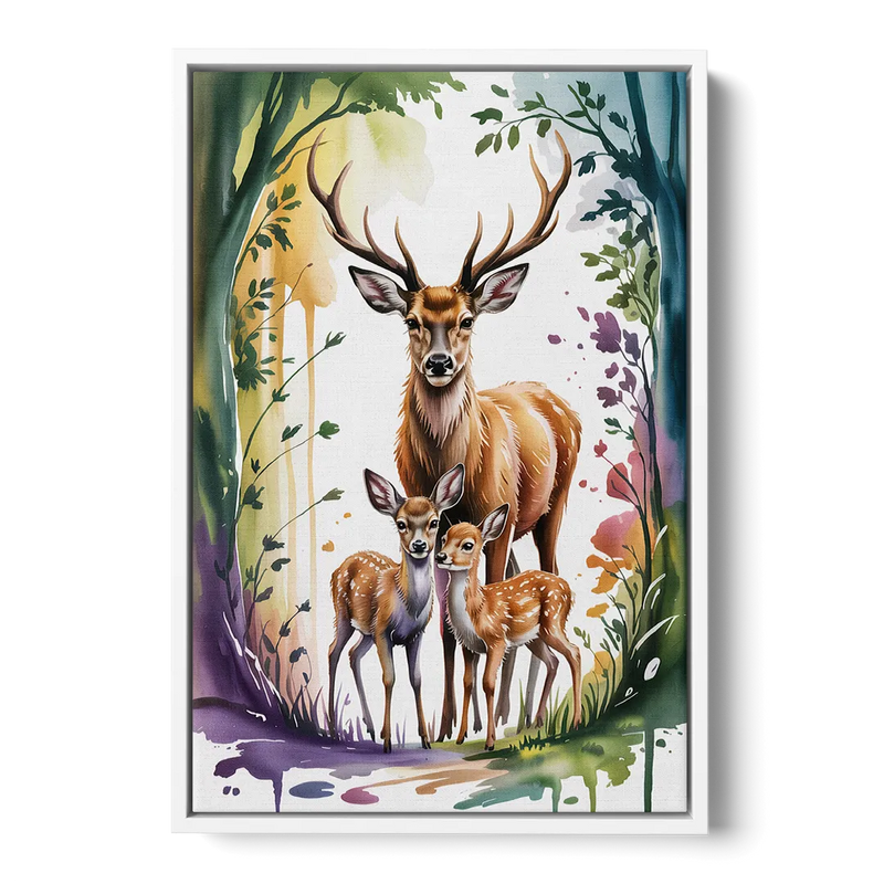 Deer Family Portrait Front - White Canvas Wall Art