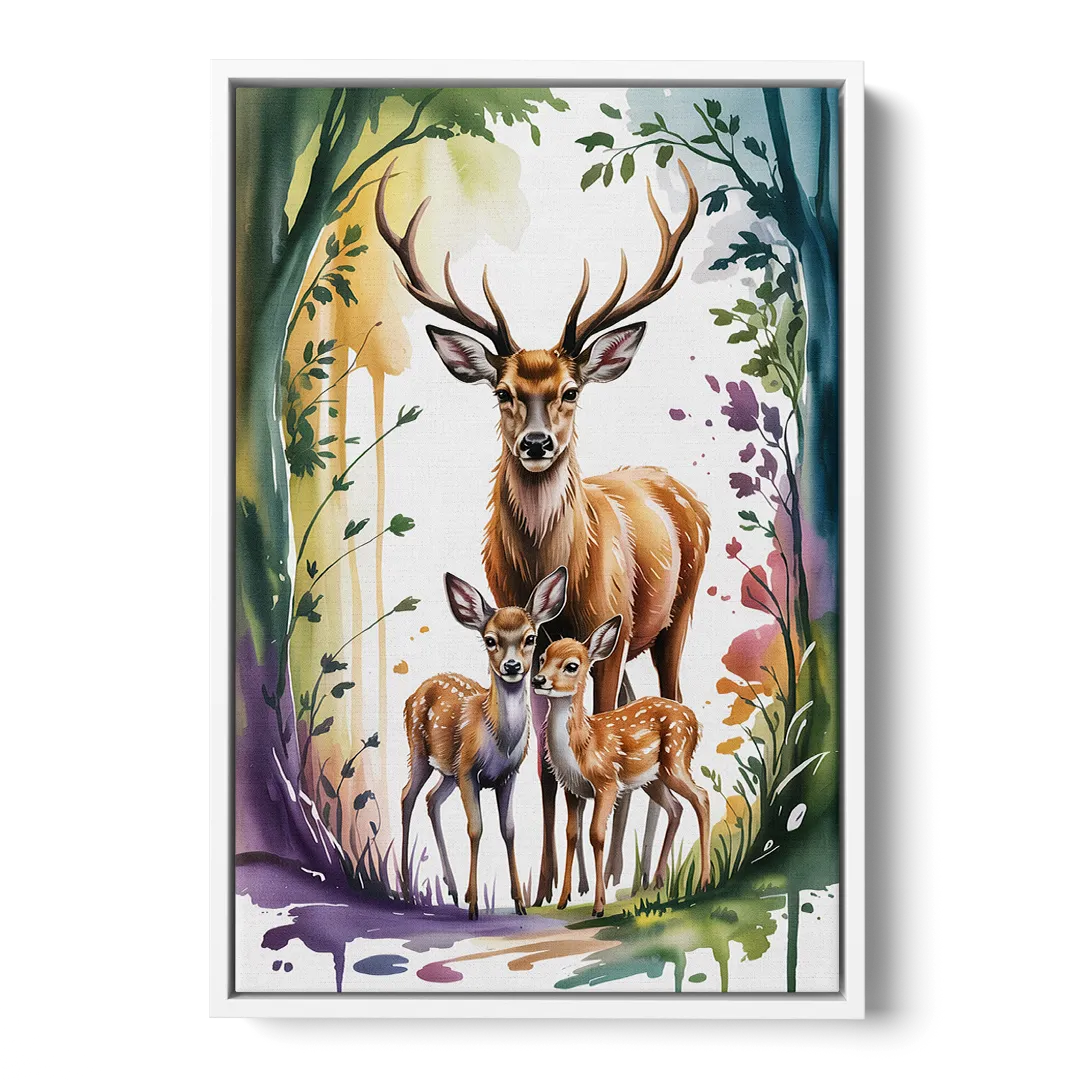 Deer Family Portrait - White Frame Canvas