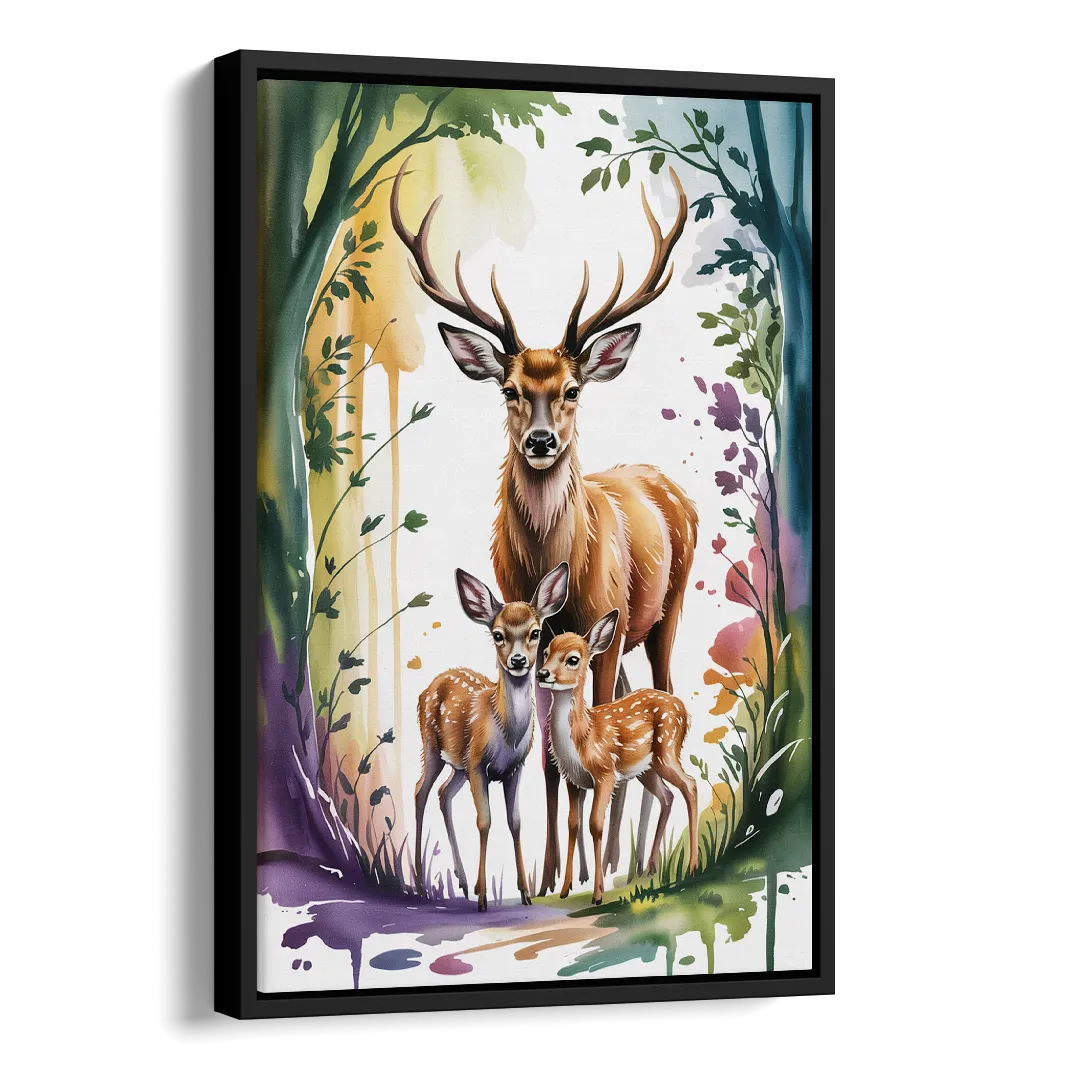Deer Family Portrait Side - Black Canvas Wall Art