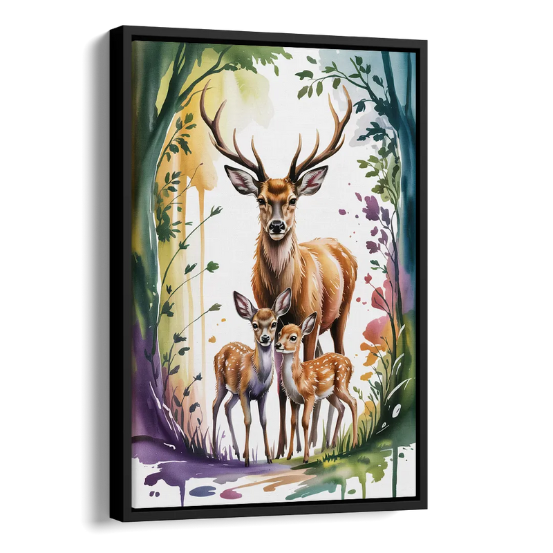 Deer Family Portrait Side - Black Canvas Wall Art