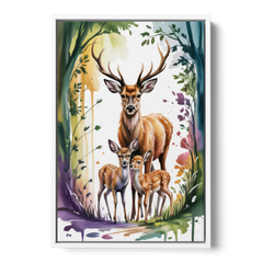 Deer Family Portrait - White Framed Canvas Wall Art - Front
