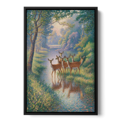 Deer Herd at River's Edge - Black Framed Canvas Wall Art - Front