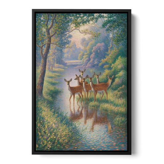 Deer Herd at River's Edge - Black Framed Canvas Wall Art - Front
