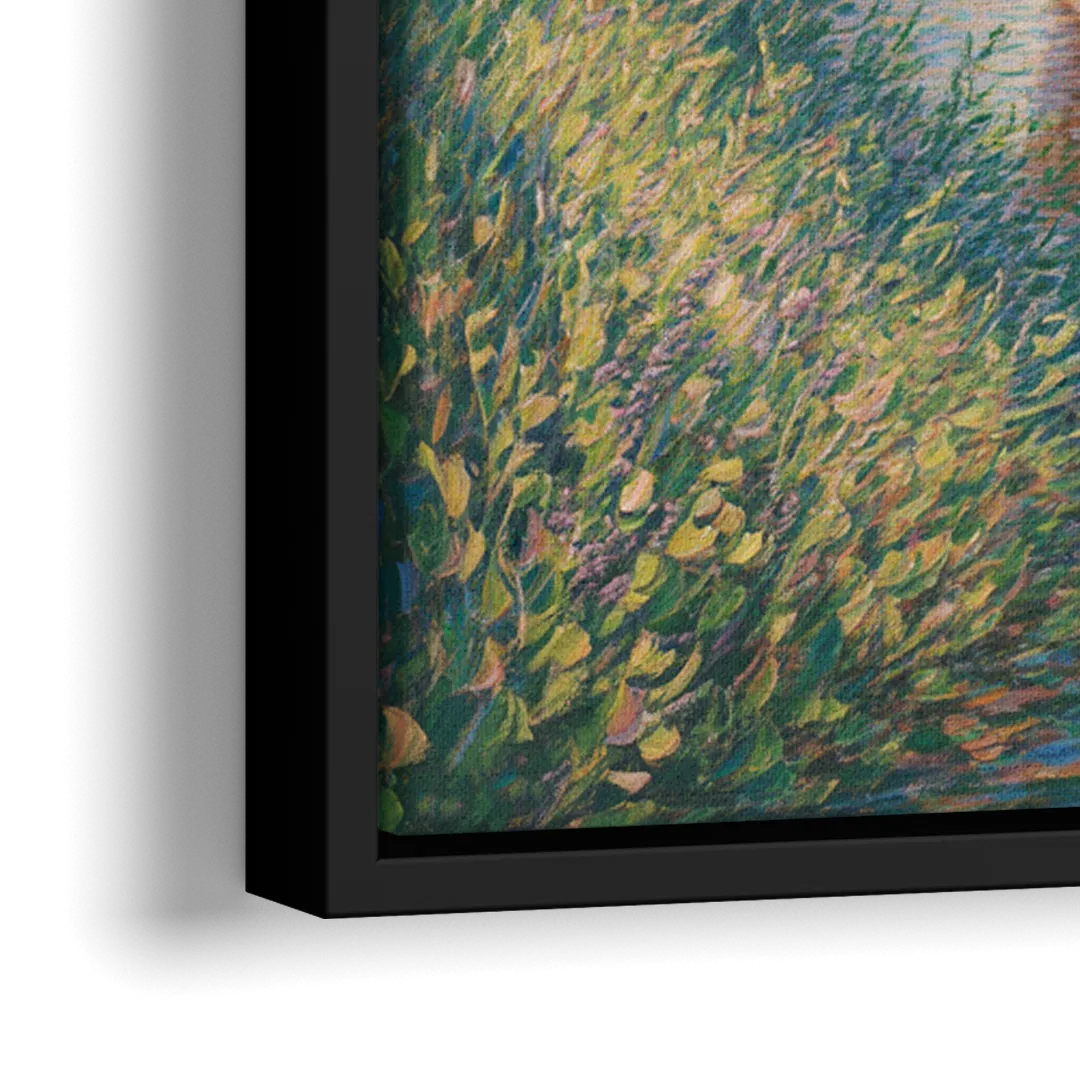Deer Herd at River's Edge - Close-Up Black Frame Canvas