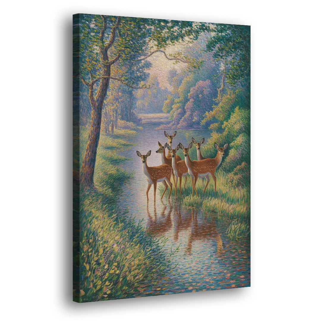 Deer Herd at River's Edge Side - Canvas Wall Art