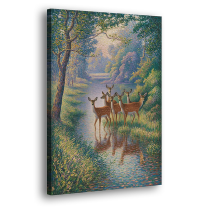 Deer Herd at River's Edge Side - Canvas Wall Art