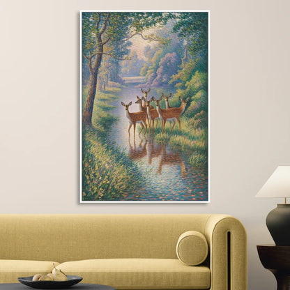 Deer Herd at River's Edge Living Room - White Canvas Wall Art