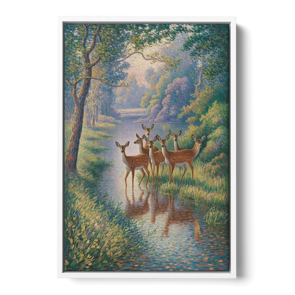 Deer Herd at River's Edge Front - White Canvas Wall Art