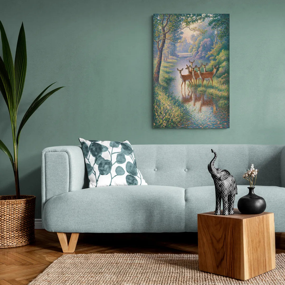 Deer Herd at River's Edge - Canvas Wall Art Living Room