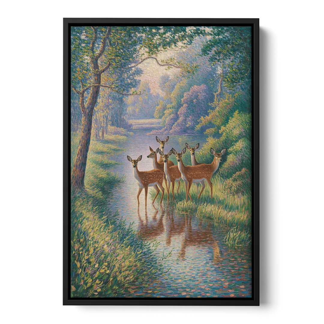 Deer Herd at River's Edge Front - Black Canvas Wall Art