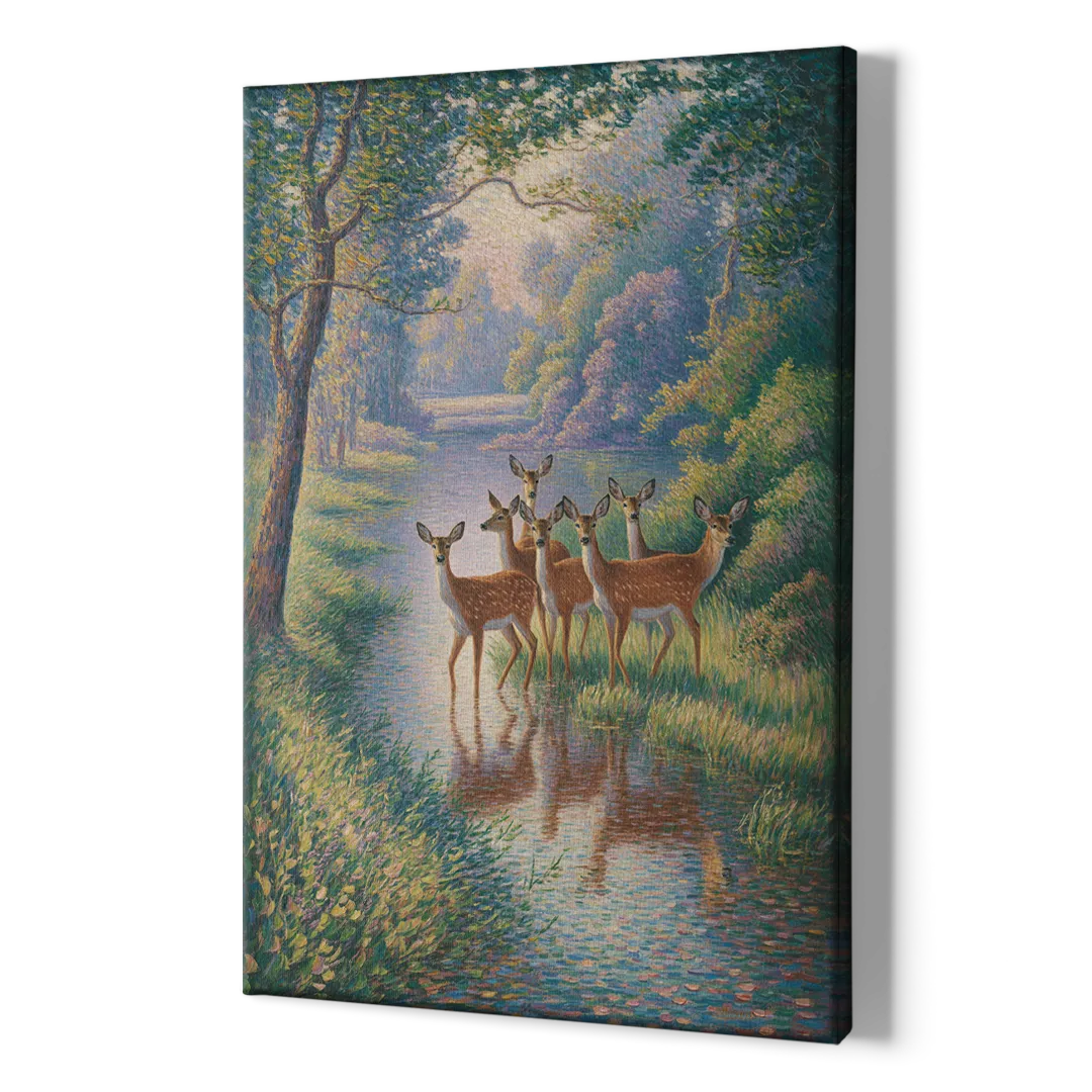 Deer Herd at River's Edge - Canvas Print Art Sides