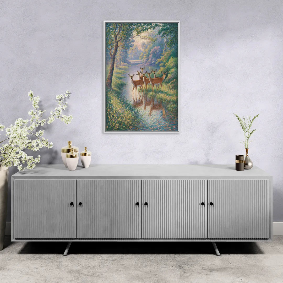 Deer Herd at River's Edge - Living Room White Frame Canvas