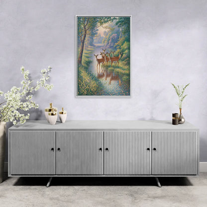 Deer Herd at River's Edge - Living Room White Frame Canvas