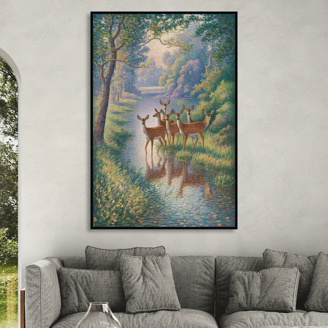 Deer Herd at River's Edge Living Room - Black Canvas Wall Art