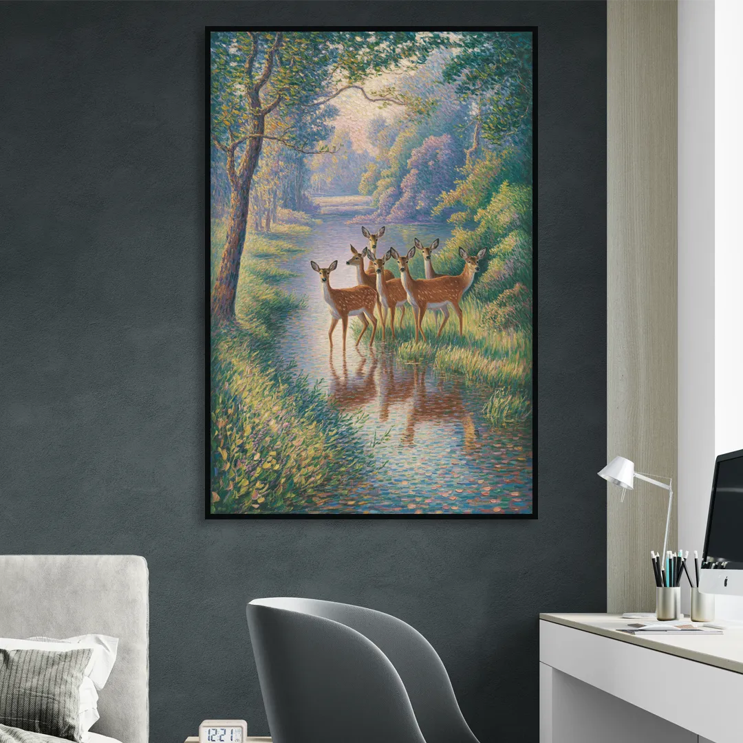 Deer Herd at River's Edge Sitting Room - Black Canvas Wall Art