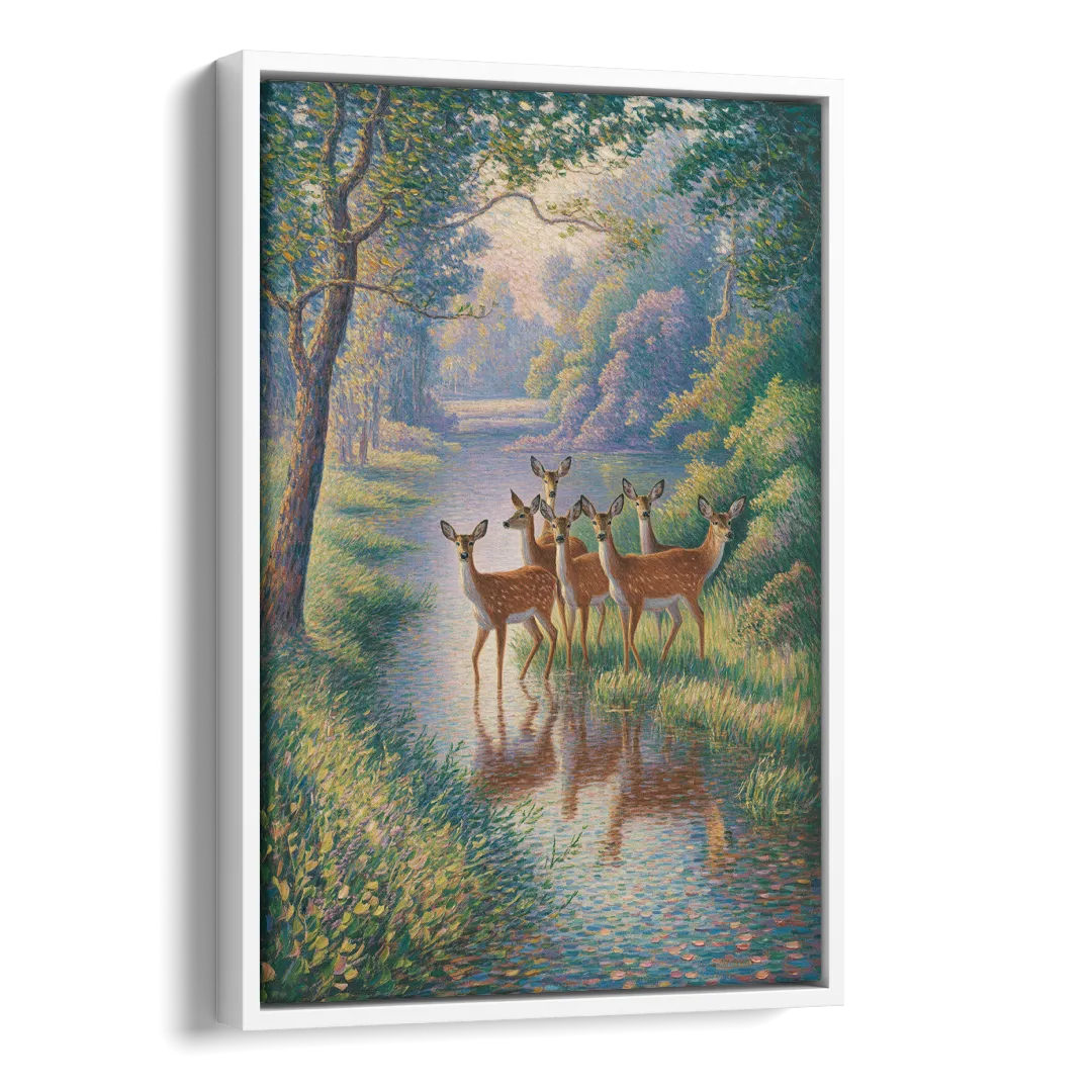 Deer Herd at River's Edge Side - White Canvas Wall Art