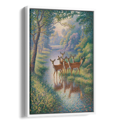 Deer Herd at River's Edge Side - White Canvas Wall Art