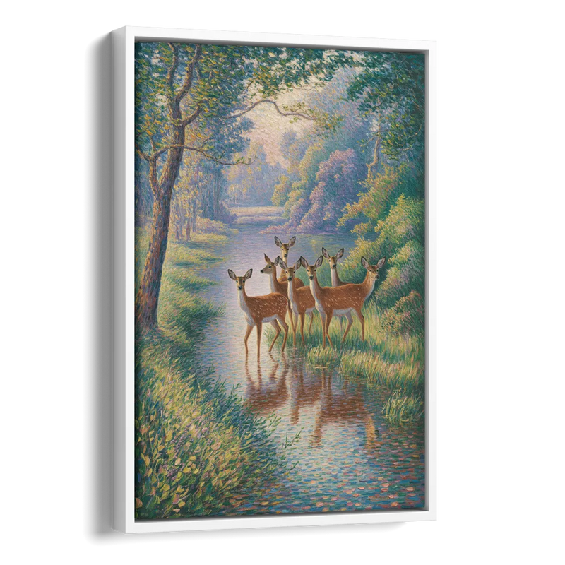 Deer Herd at River's Edge Side - White Canvas Wall Art