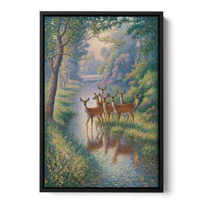 Deer Herd at River's Edge - Black Frame Canvas