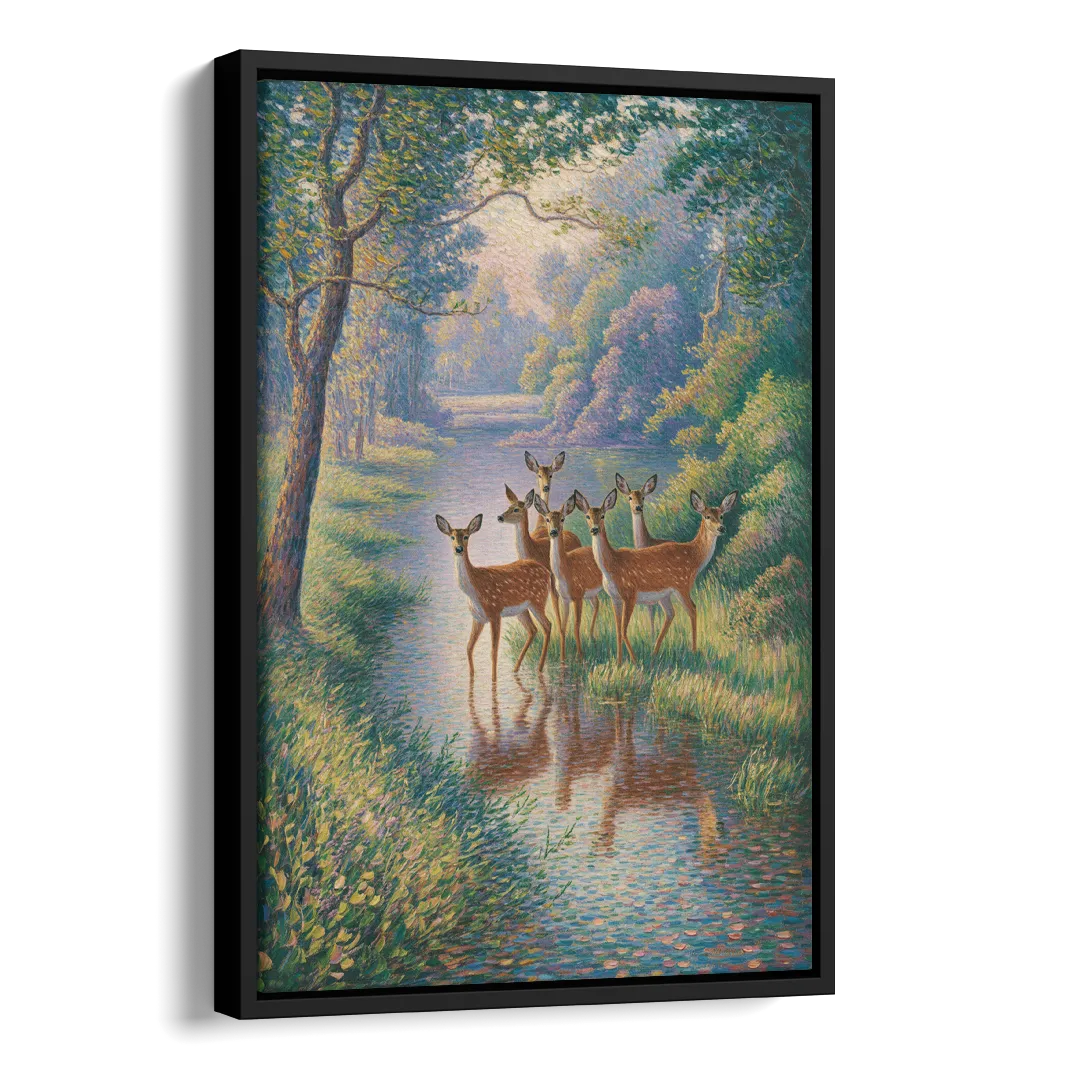 Deer Herd at River's Edge Side - Black Canvas Wall Art