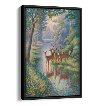 Deer Herd at River's Edge Side - Black Canvas Wall Art