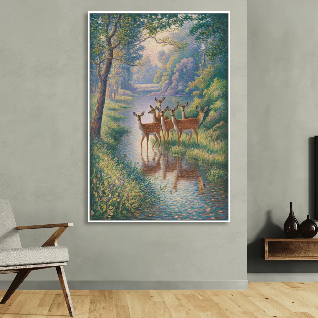 Deer Herd at River's Edge Sitting Room - White Canvas Wall Art
