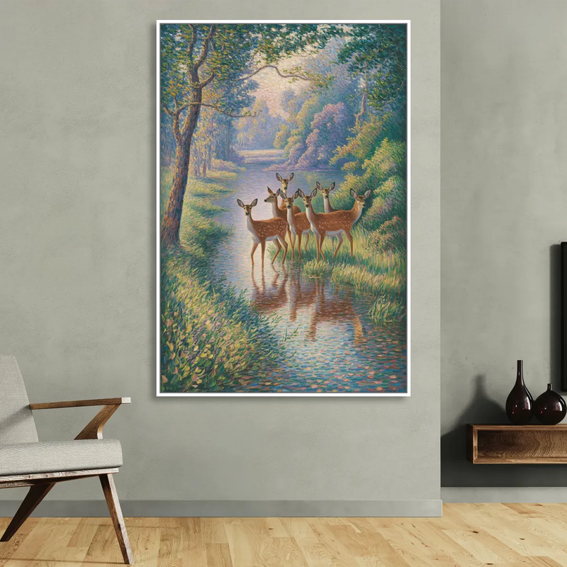 Deer Herd at River's Edge Sitting Room - White Canvas Wall Art
