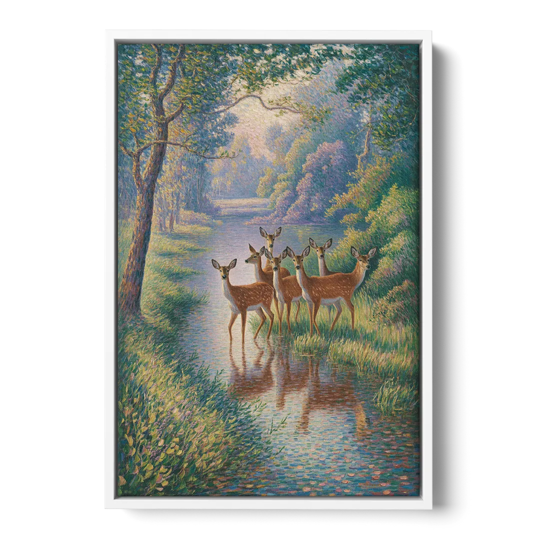 Deer Herd at River's Edge - White Frame Canvas