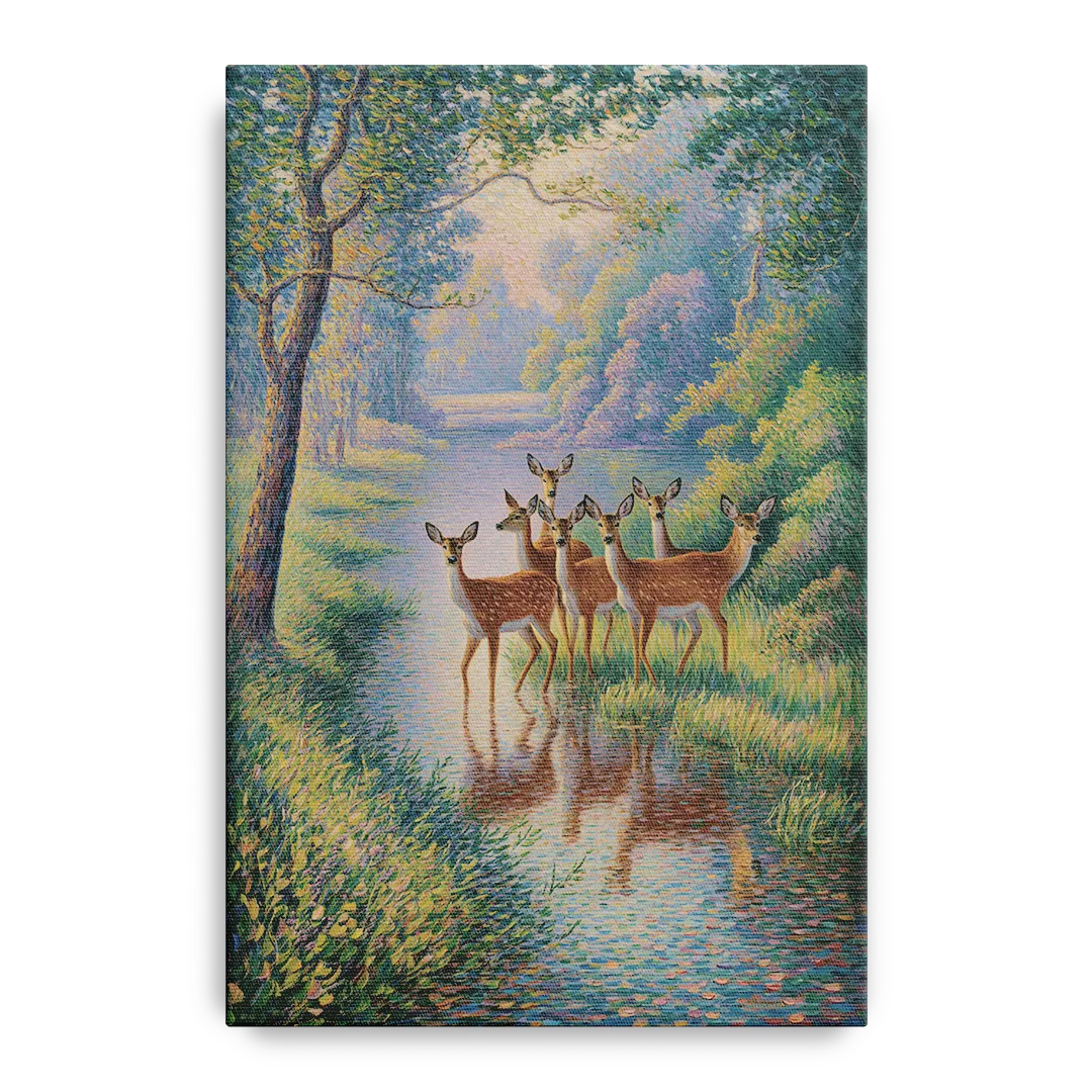 Deer Herd at River's Edge Front - Canvas Wall Art