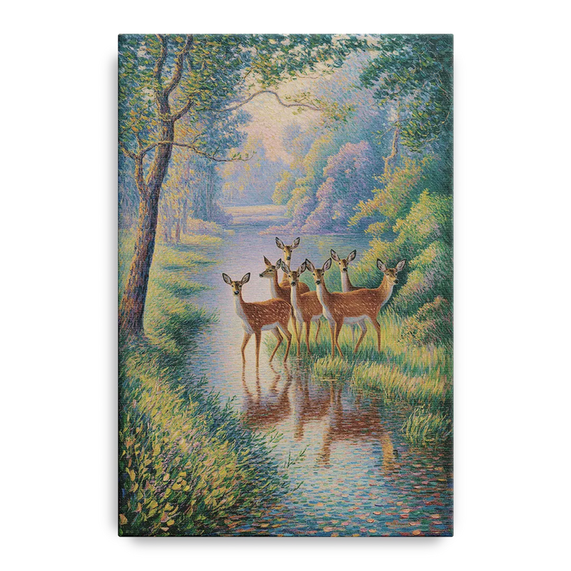 Deer Herd at River's Edge Front - Canvas Wall Art