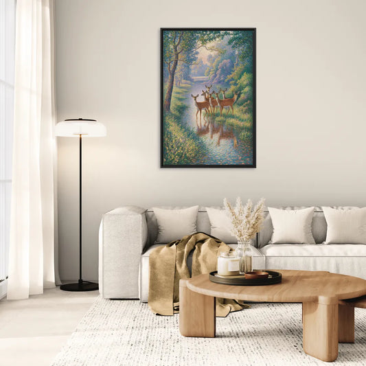 Deer Herd at River's Edge - Living Room Black Frame Canvas