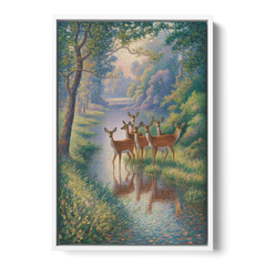Deer Herd at River's Edge - White Framed Canvas Wall Art - Front
